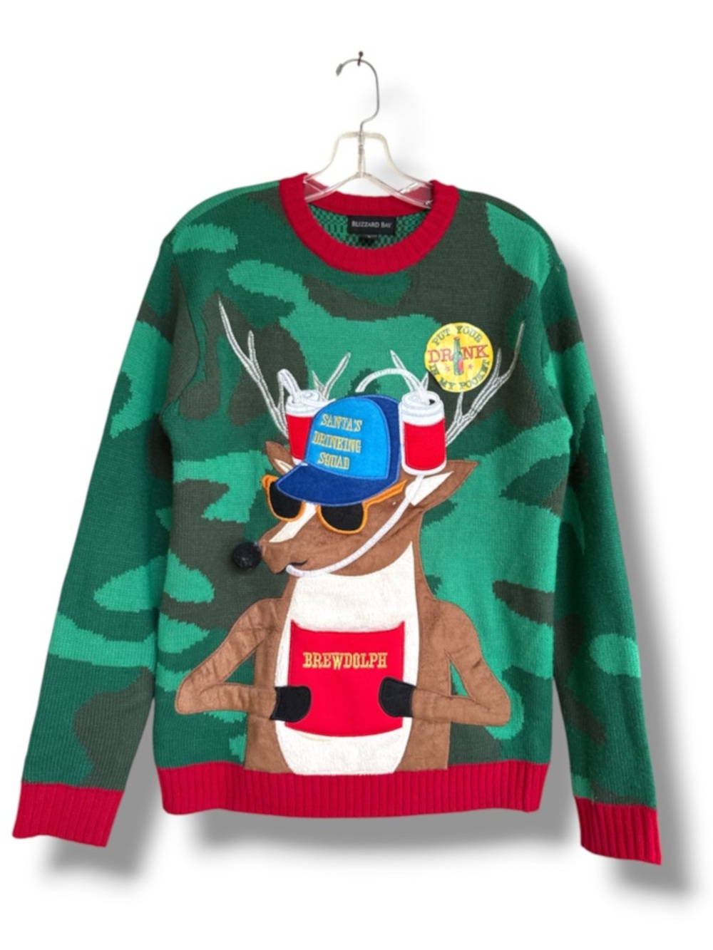 Blizzard Bay Camo Green 'Brewdolph' Ugly Christmas Sweater Size Small